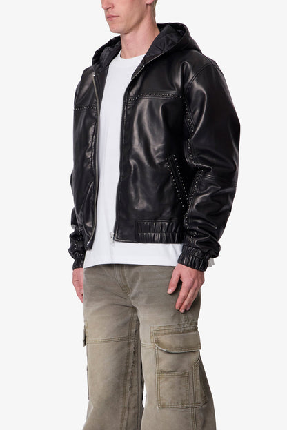 Leather Hooded Stud Jacket - Black