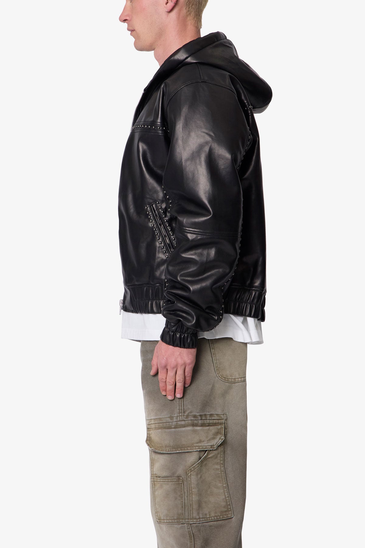 Leather Hooded Stud Jacket - Black