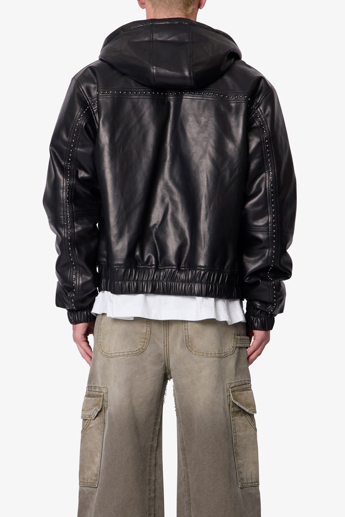 Leather Hooded Stud Jacket - Black