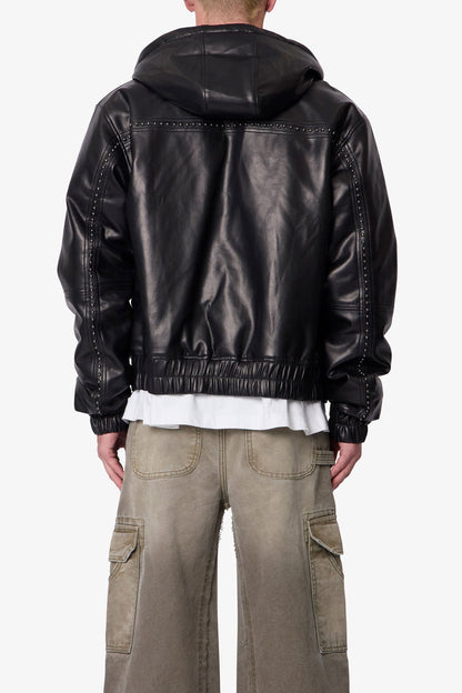 Leather Hooded Stud Jacket - Black