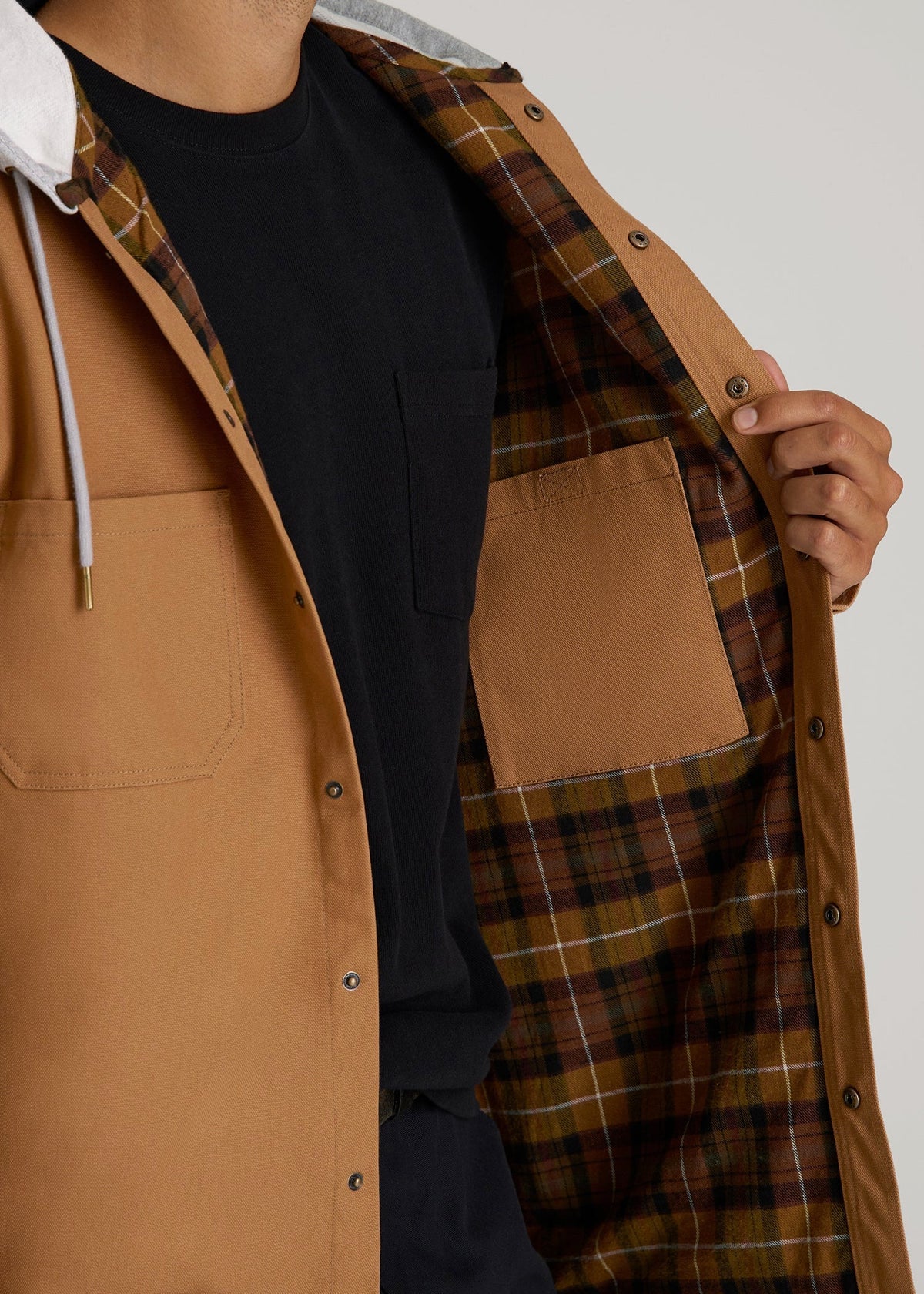LJ&S Flannel-Lined Canvas Shirt Jacket for Tall Men in Vintage Tan