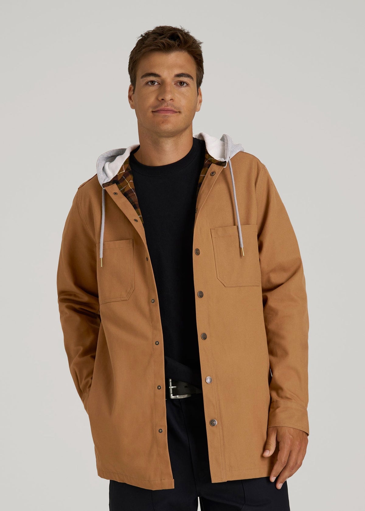 LJ&S Flannel-Lined Canvas Shirt Jacket for Tall Men in Vintage Tan