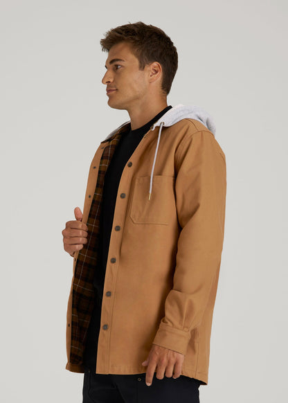 LJ&S Flannel-Lined Canvas Shirt Jacket for Tall Men in Vintage Tan