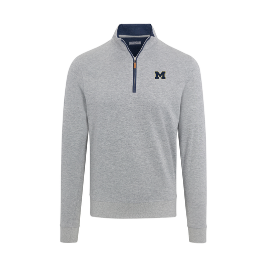 Michigan Heather Cloud Cotton Quarter Zip Pullover Light Grey with Navy Trim