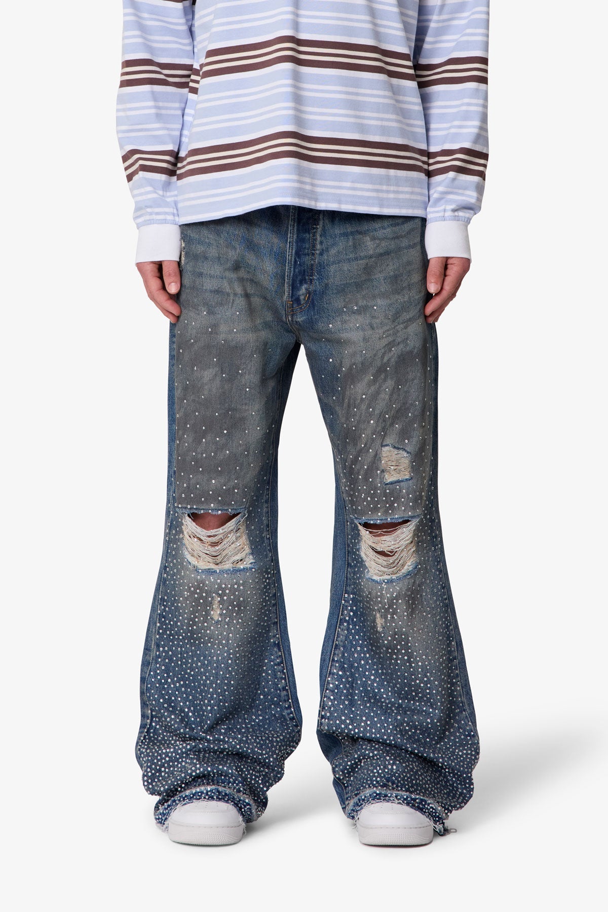 Rhinestone Kick Flare Denim - Blue