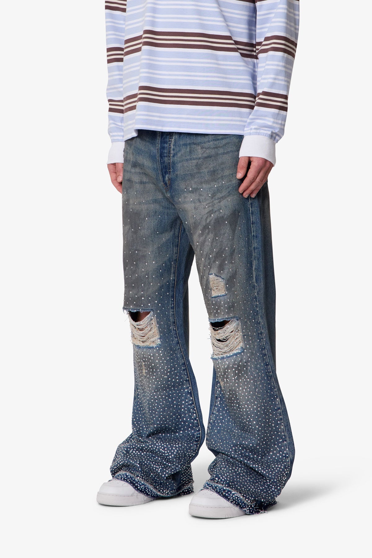 Rhinestone Kick Flare Denim - Blue