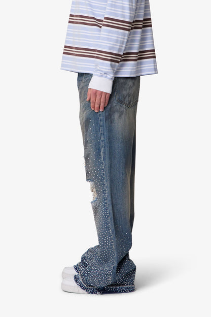 Rhinestone Kick Flare Denim - Blue