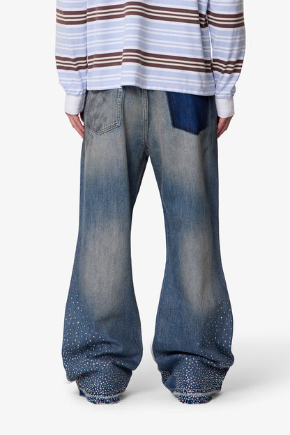 Rhinestone Kick Flare Denim - Blue