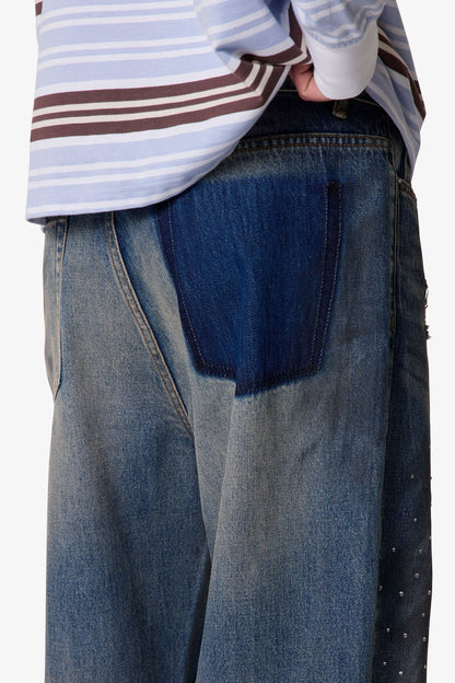 Rhinestone Kick Flare Denim - Blue