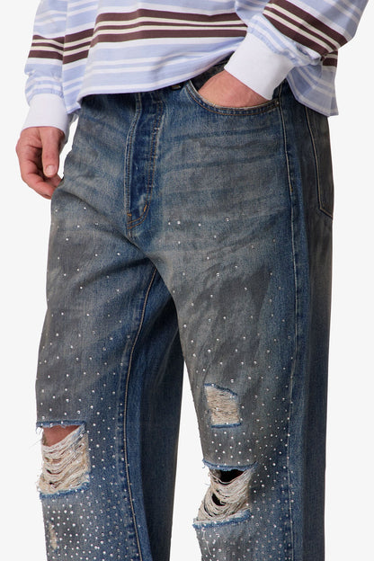 Rhinestone Kick Flare Denim - Blue