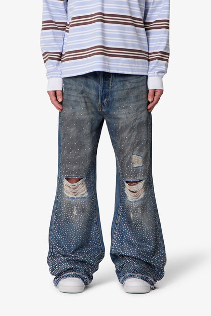 Rhinestone Kick Flare Denim - Blue