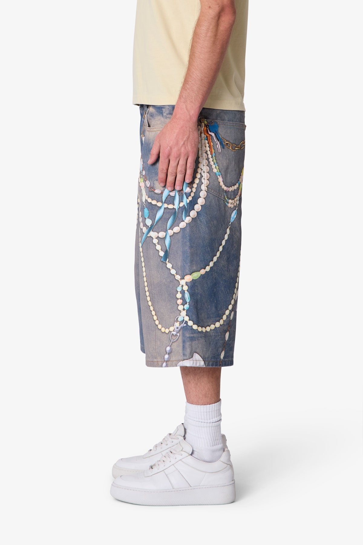 Ultra Baggy Chain Printed Denim Shorts - Light Blue