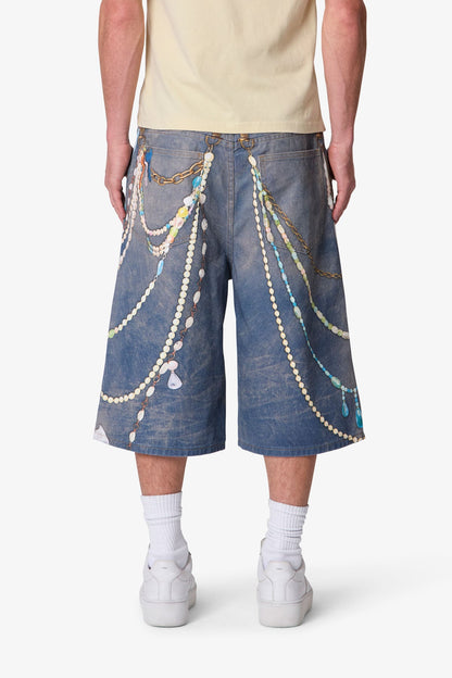 Ultra Baggy Chain Printed Denim Shorts - Light Blue