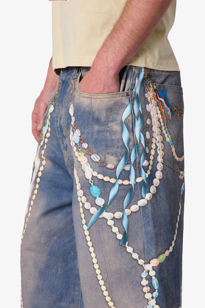 Ultra Baggy Chain Printed Denim Shorts - Light Blue