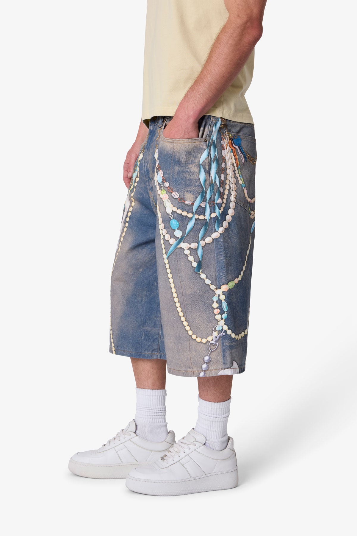 Ultra Baggy Chain Printed Denim Shorts - Light Blue