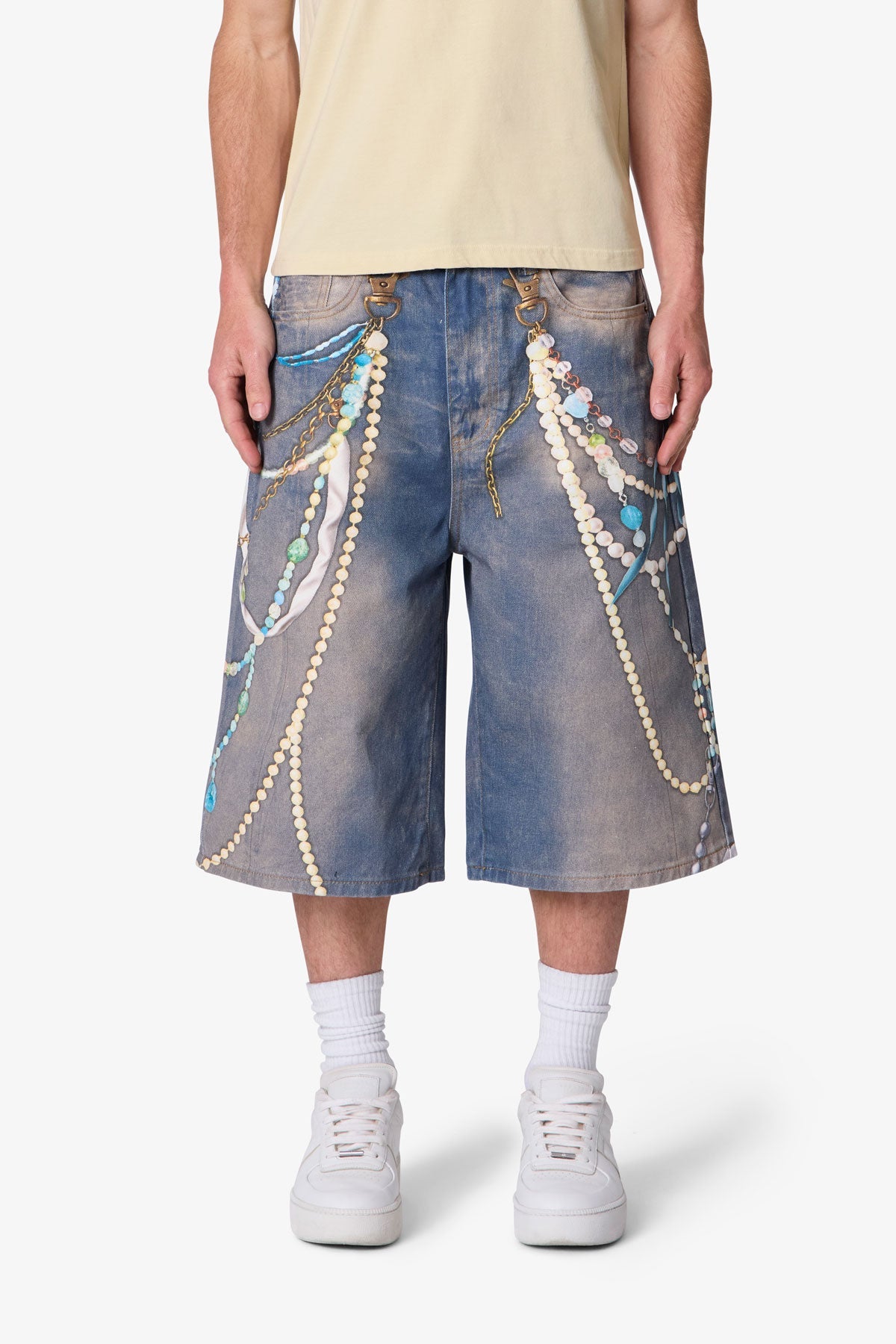 Ultra Baggy Chain Printed Denim Shorts - Light Blue