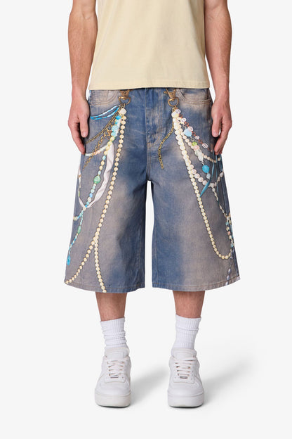 Ultra Baggy Chain Printed Denim Shorts - Light Blue