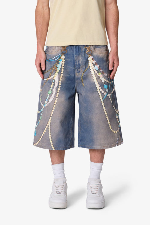 Ultra Baggy Chain Printed Denim Shorts - Light Blue