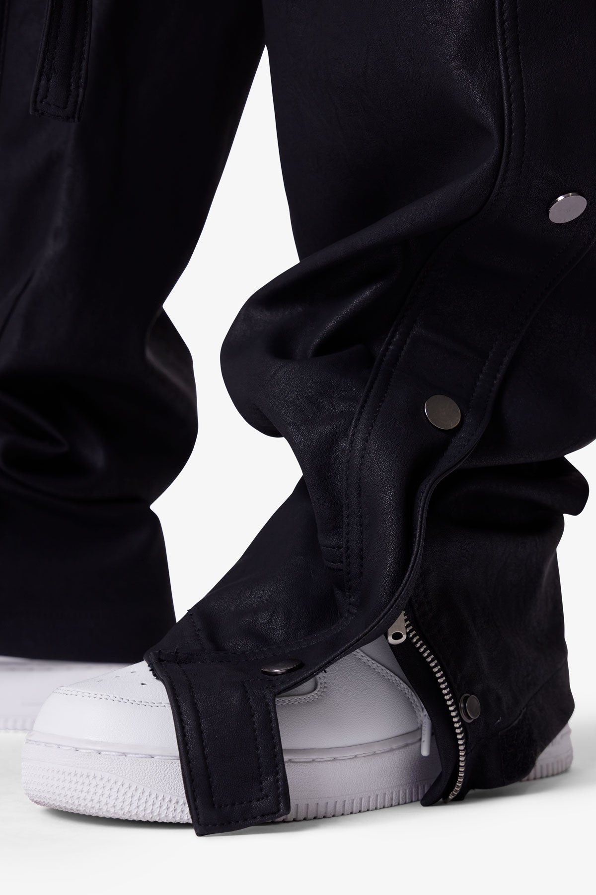 Ultra Baggy Leather Snap Cargo Pants - Black