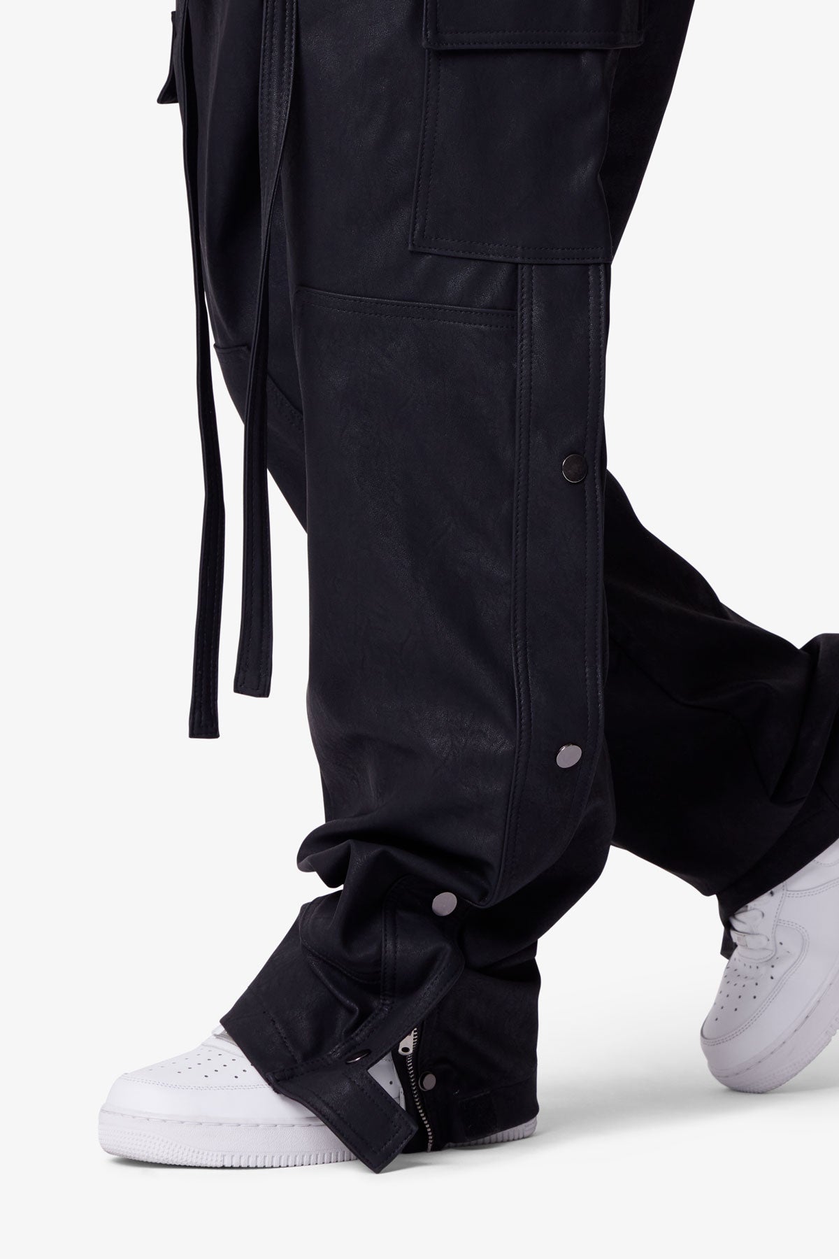 Ultra Baggy Leather Snap Cargo Pants - Black