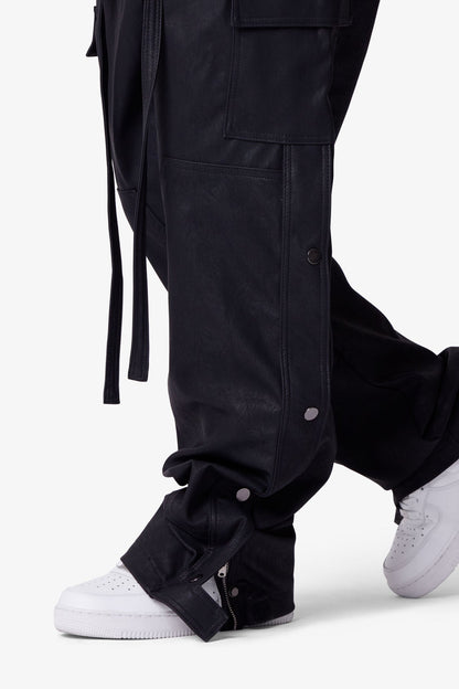Ultra Baggy Leather Snap Cargo Pants - Black