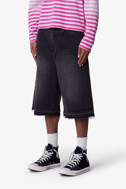 Ultra Baggy Raw Hem Denim Shorts - Washed Black