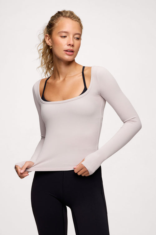 Sporty Rib Portrait Long Sleeve Top | Fog