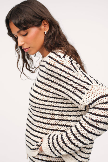 Cotton Crochet Sweater | Bone Stripe