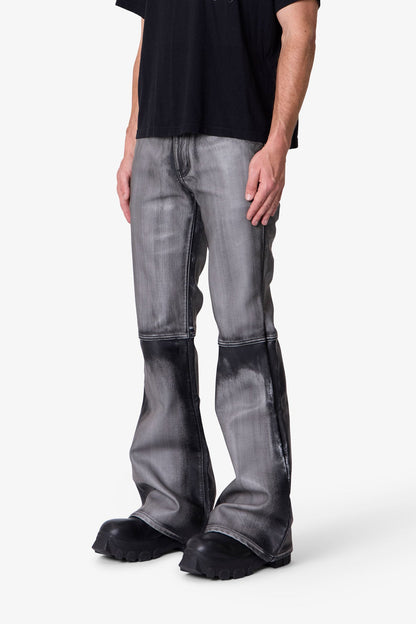 Washed Leather Flare Pants - Black
