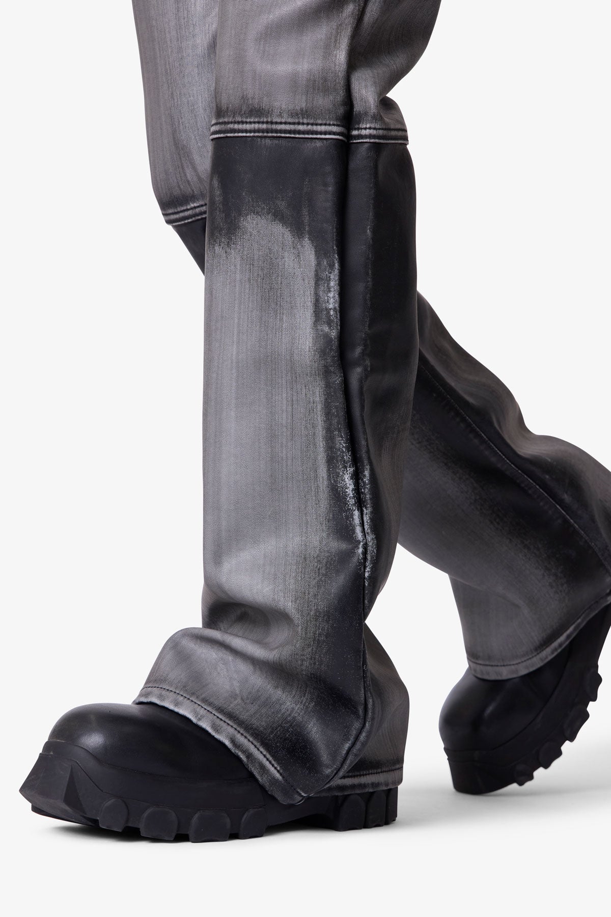 Washed Leather Flare Pants - Black