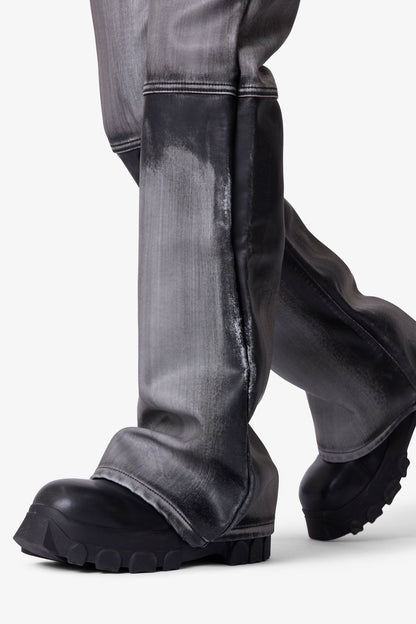 Washed Leather Flare Pants - Black