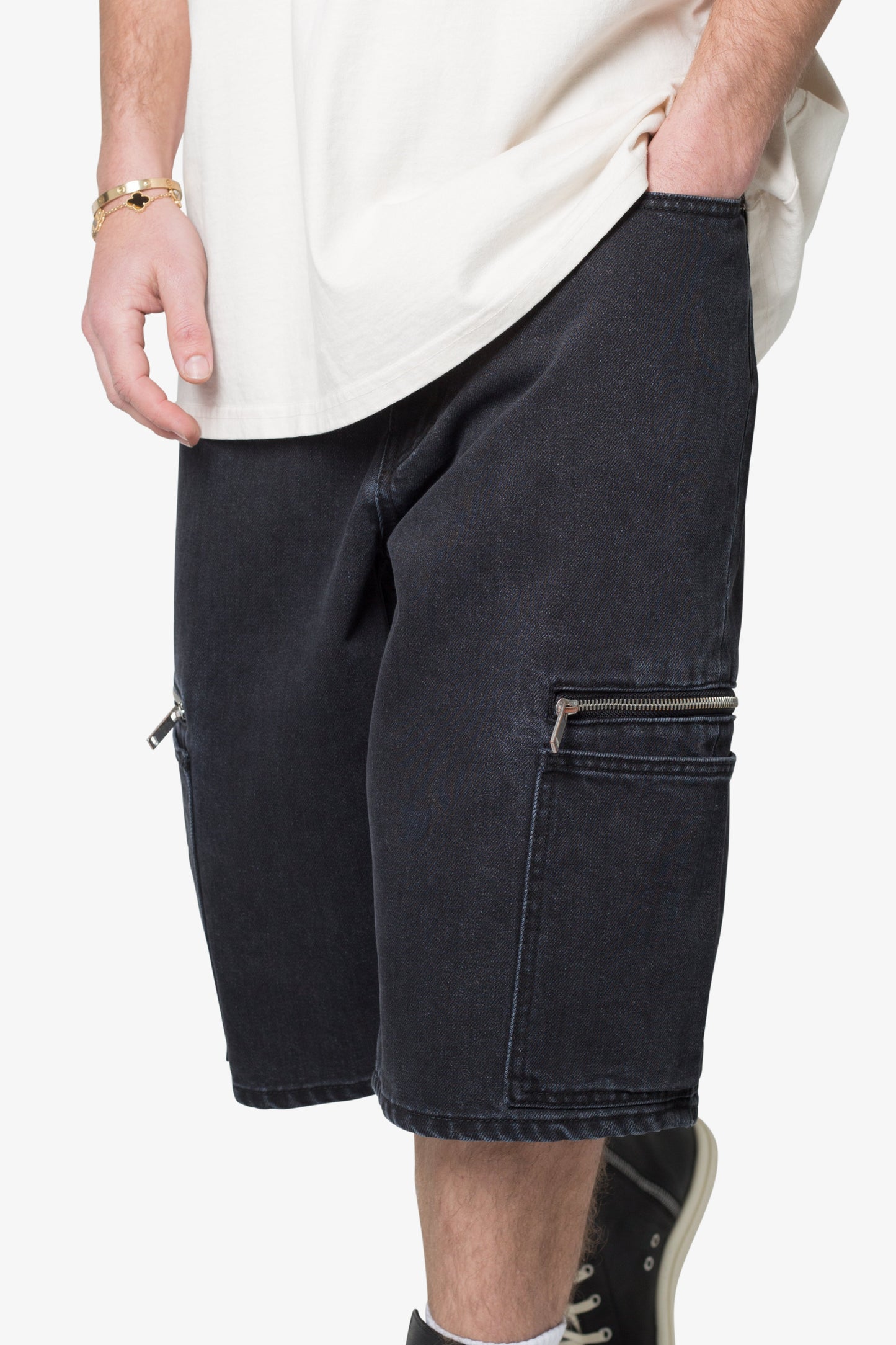 Zipper Baggy Denim Shorts - Black