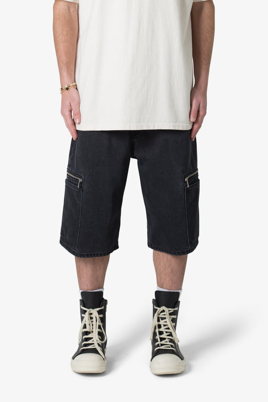 Zipper Baggy Denim Shorts - Black