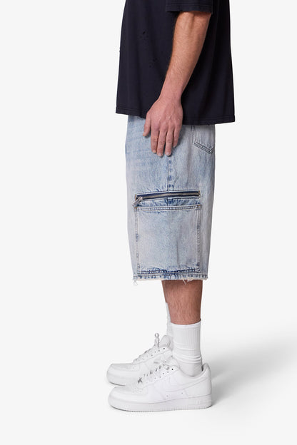 Zipper Teeth Denim Shorts - Light Blue