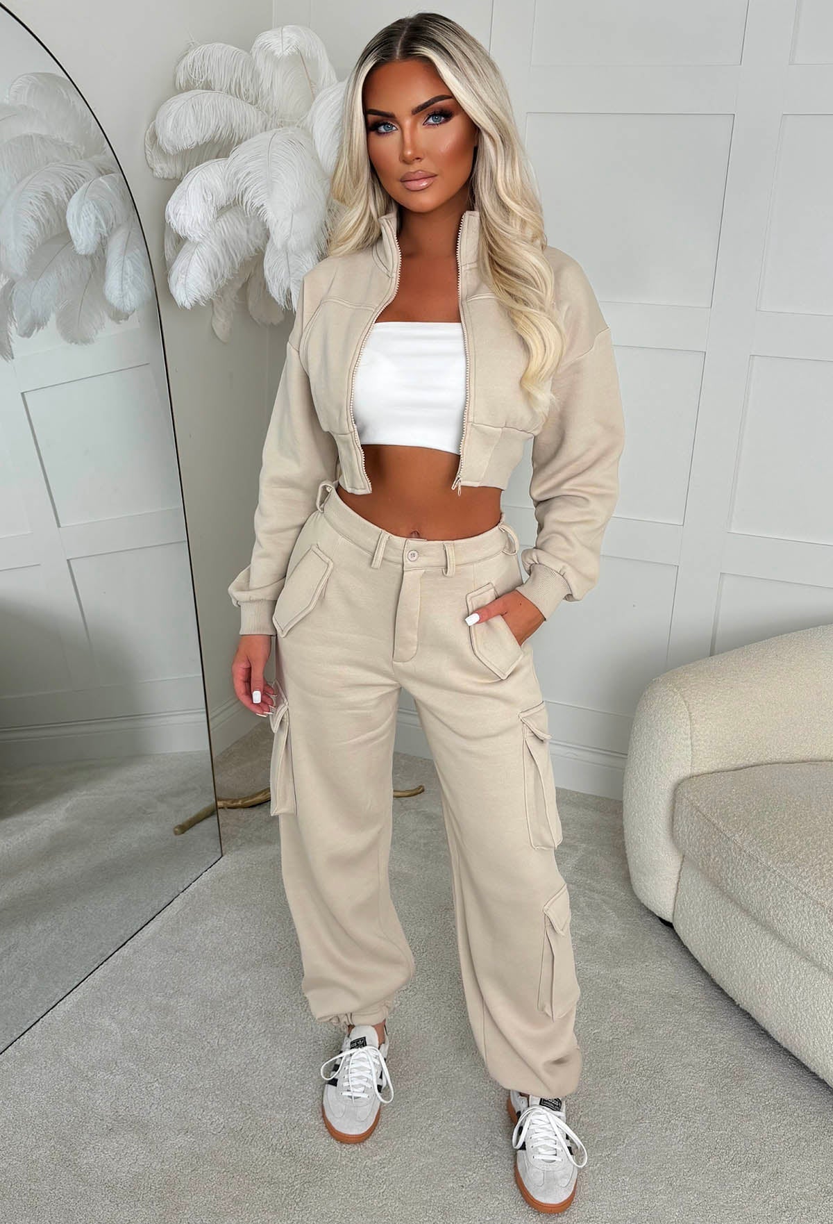 Airport Ready Beige Zipped Jacket & Cargo Jogger Set