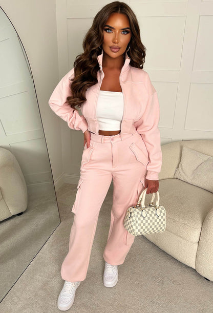Airport Ready Pink Zipped Jacket & Cargo Jogger Set