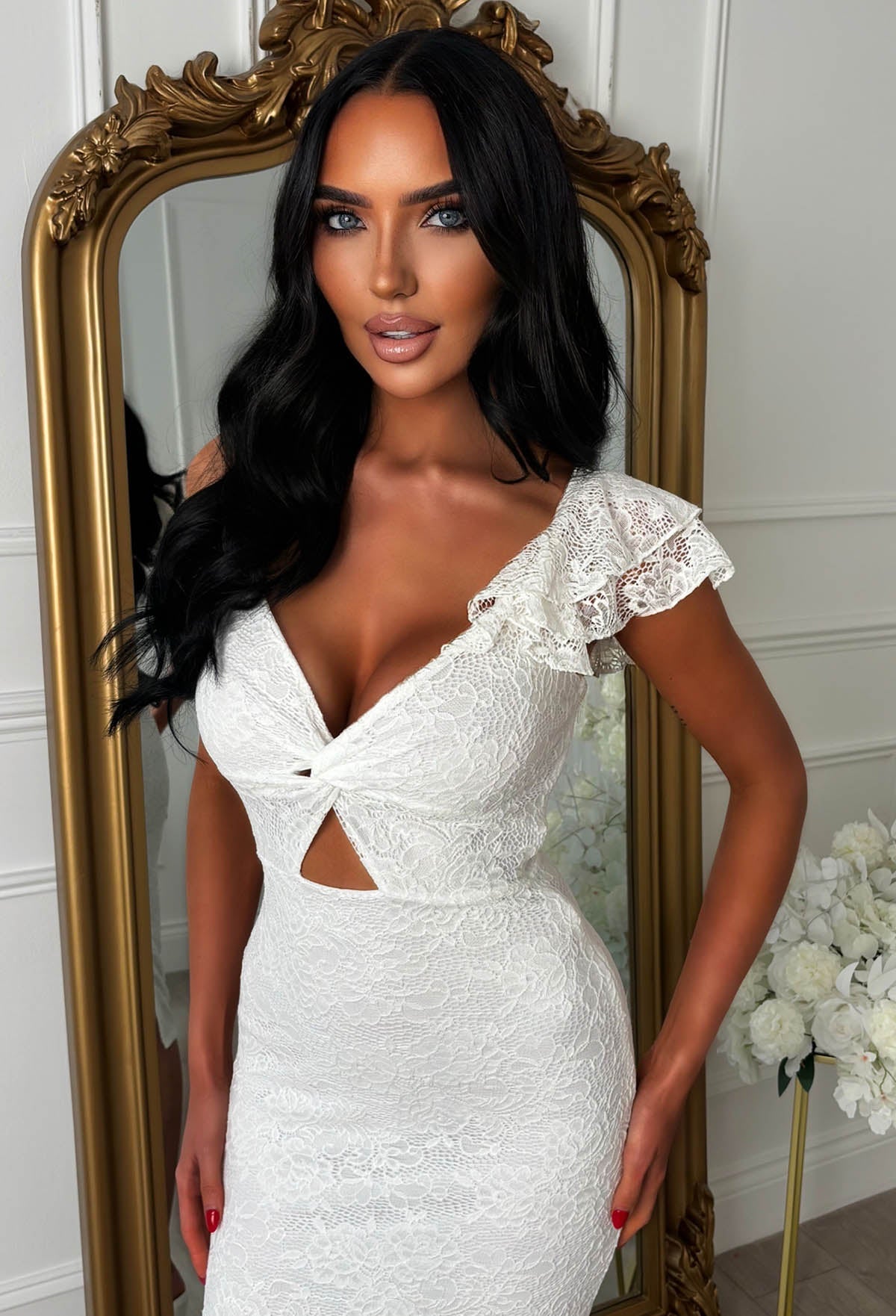 Alivia White Lace One Shoulder Cut Out Bandeau Dress
