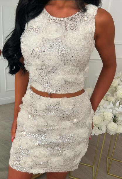 All Night Cream Floral Sequin Top & Mini Skirt Co-ord Set