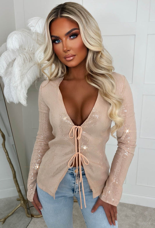 All Over Glitz Beige Sequin Double Tie Top