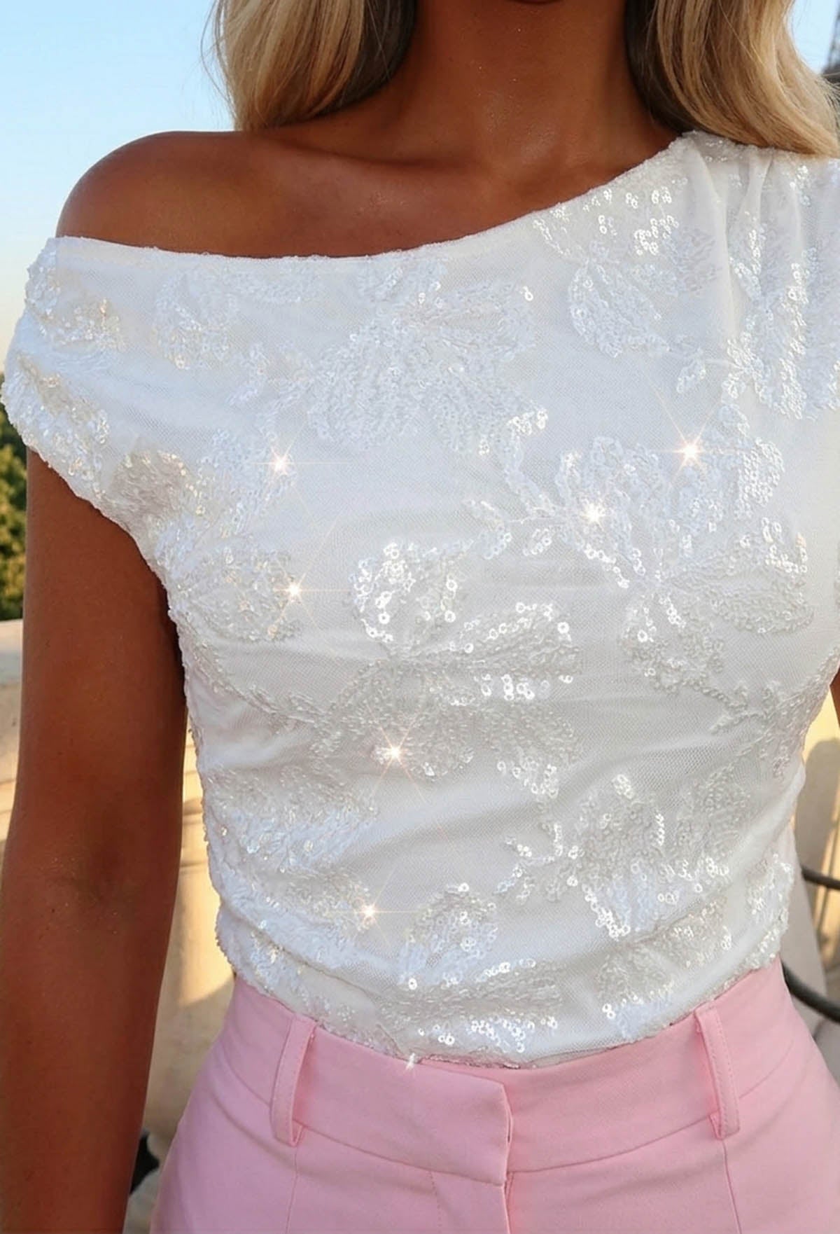 Aloha Babe White Off Shoulder Sequin Top