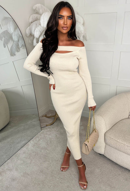 Always Alluring Beige Long Sleeve Rib Cut Out Front Dress
