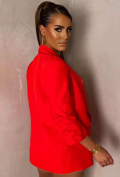 Always Iconic Red Shawl Ruched Sleeve Blazer