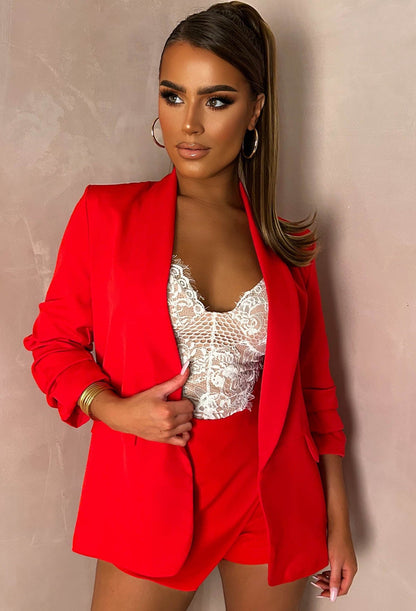 Always Iconic Red Shawl Ruched Sleeve Blazer
