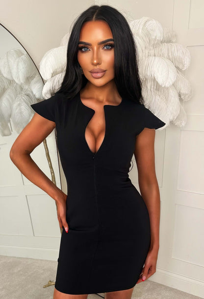 Always Tempting Black Zip Front Bengaline Mini Dress