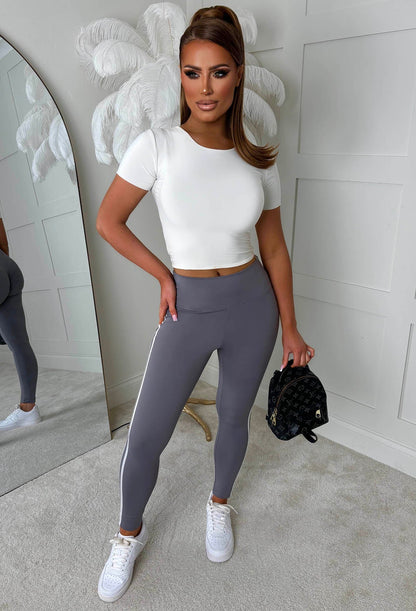 At My Leisure Grey Side Stripe Ruched Leggings