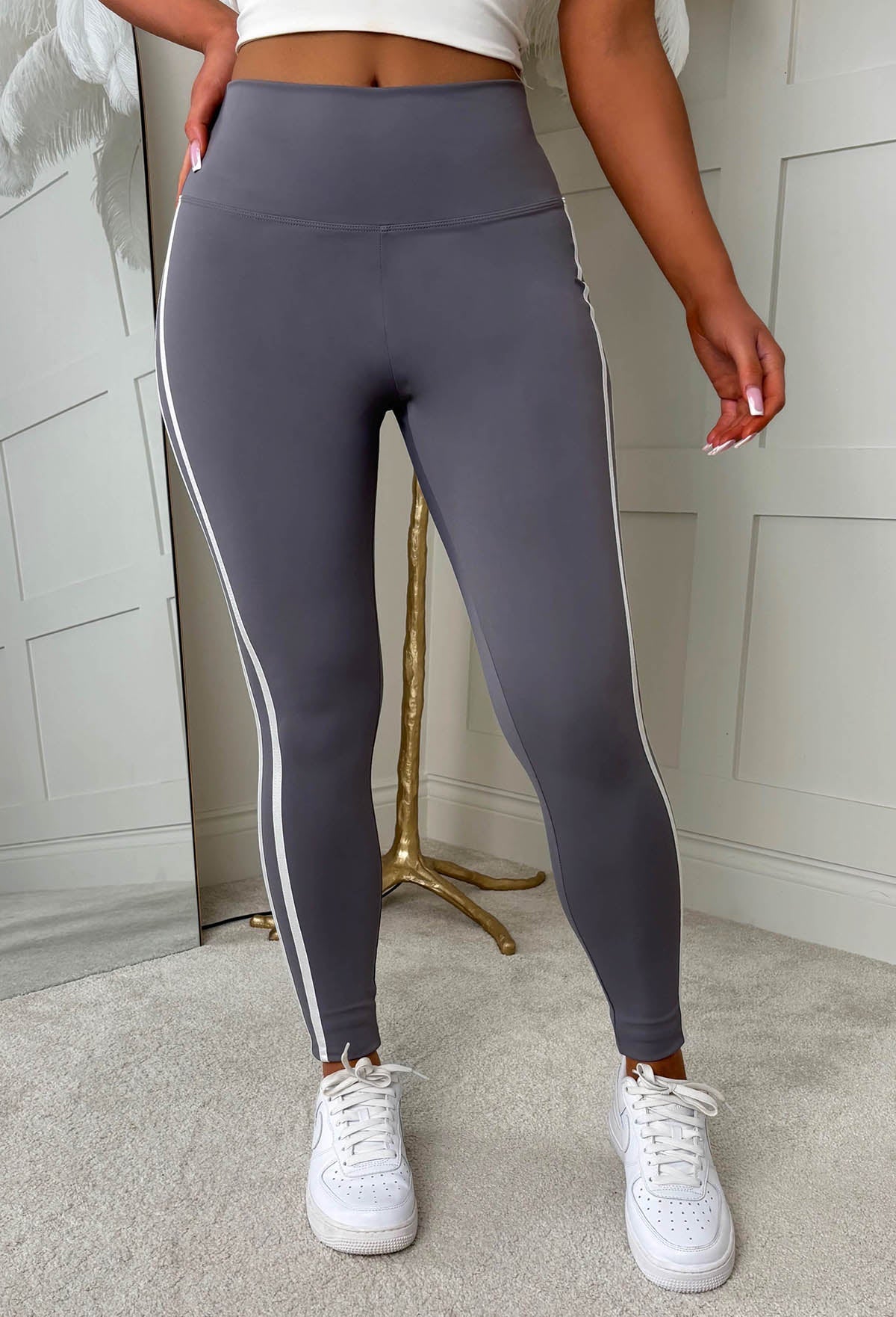 At My Leisure Grey Side Stripe Ruched Leggings