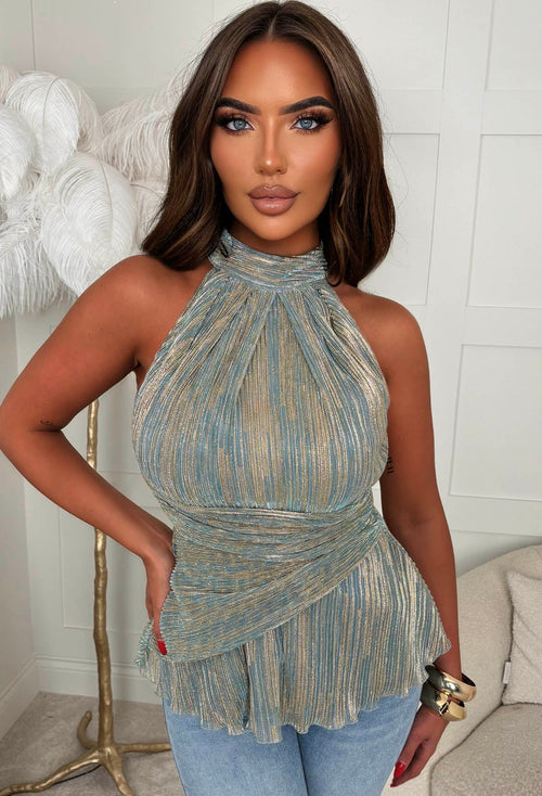 Aubrie Blue Foil Plisse Halterneck Top
