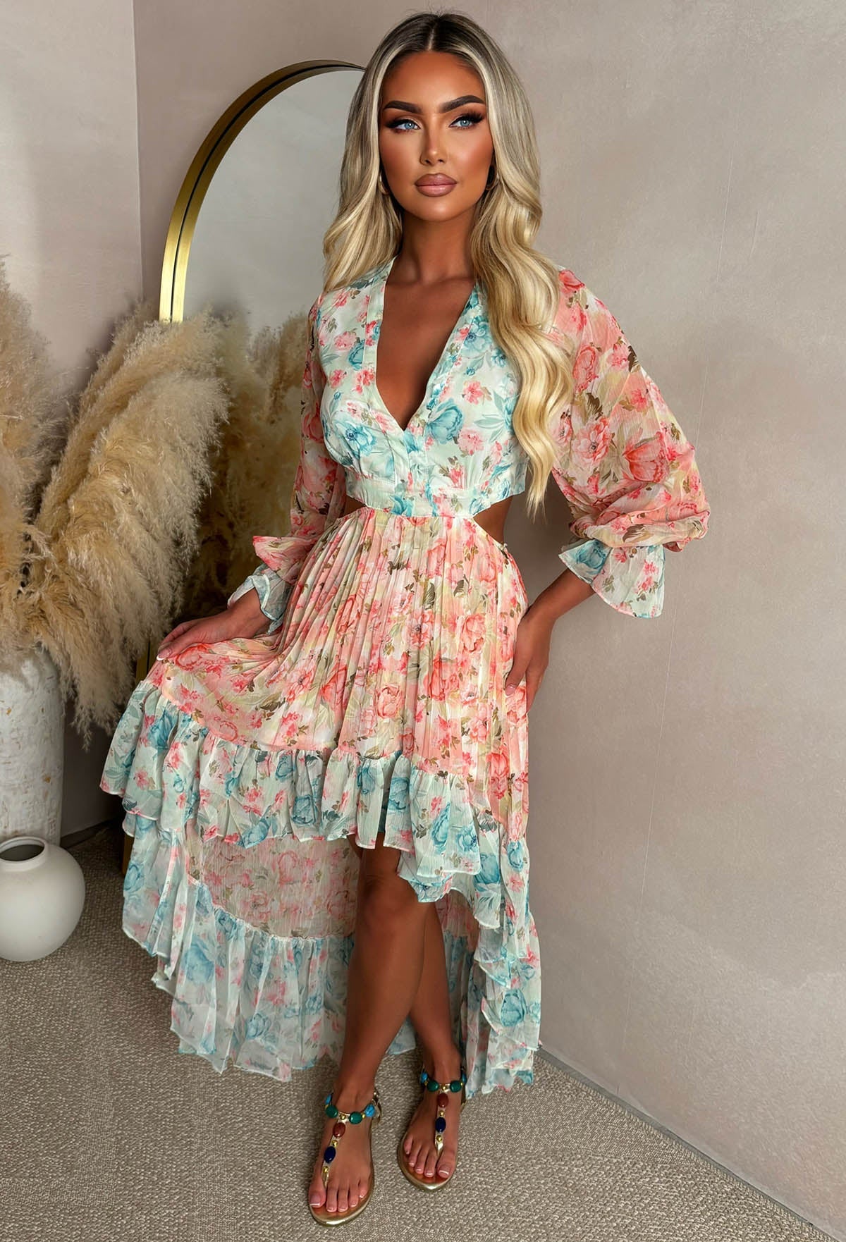 Aurora Bloom Multi Cut Out Floral Long Sleeve Dress