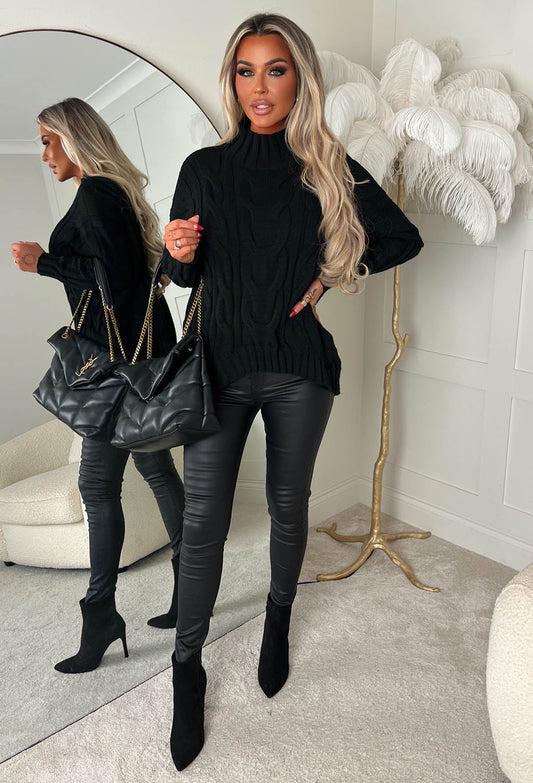 Autumn Chic Black Oversized Cable Knit Jumper
