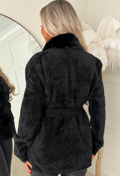 Autumn Escape Black Mid Length Faux Fur Belted Cardigan